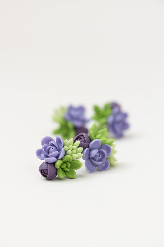 Handmade Succulent and Floral Bouquet Earrings - Purple Gree