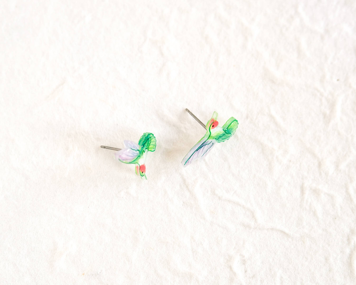 Green Ruby-Throated Hummingbird Handmade Stud Earrings