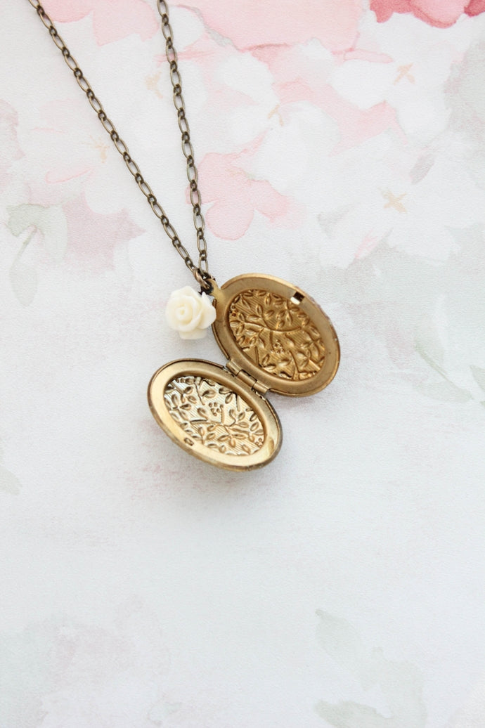 Sage Green Photo Locket Necklace - Cream Rose Charm