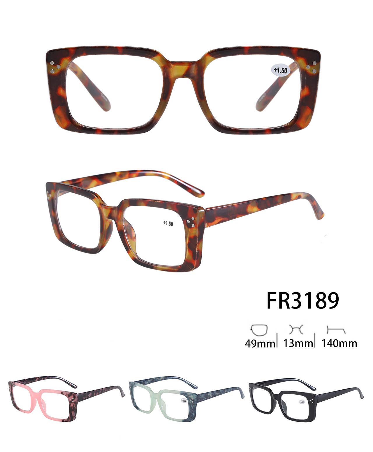 FR3189, Large Frame Square Style Reading Glasses/Readers