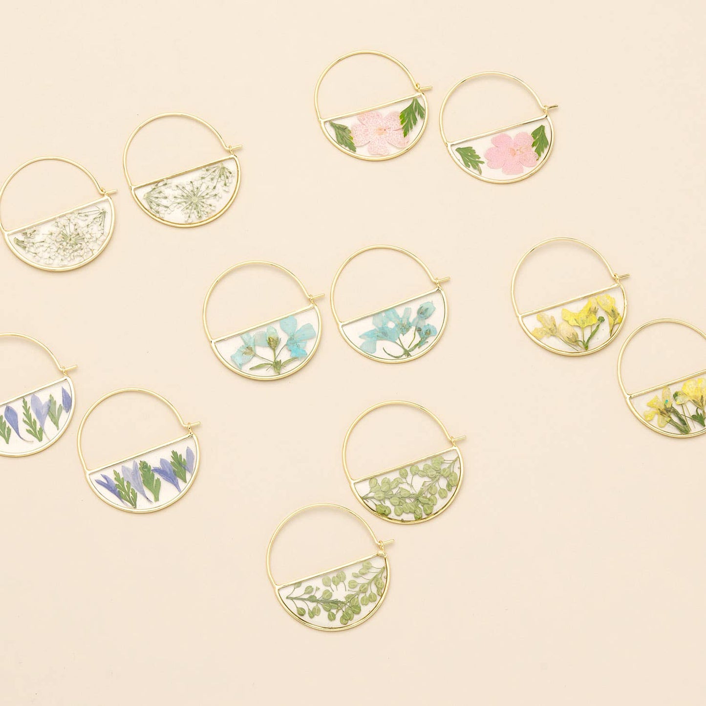 Pressed Flower Hoop Earring - Pink Cherry Blossom/Gold