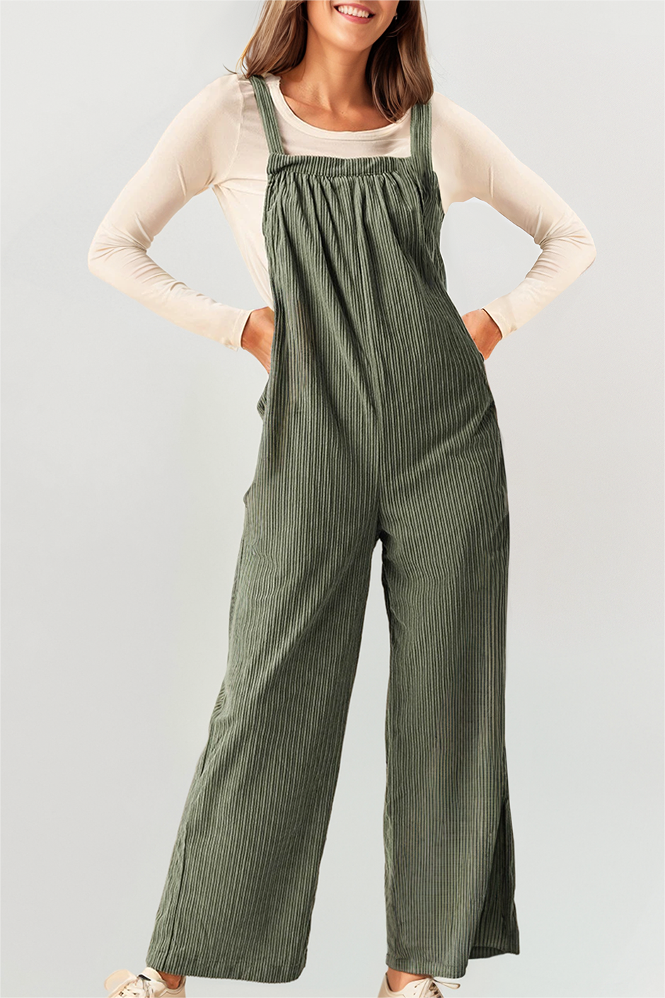 Corduroy Pocketed Wide Leg Loose Fit Overalls