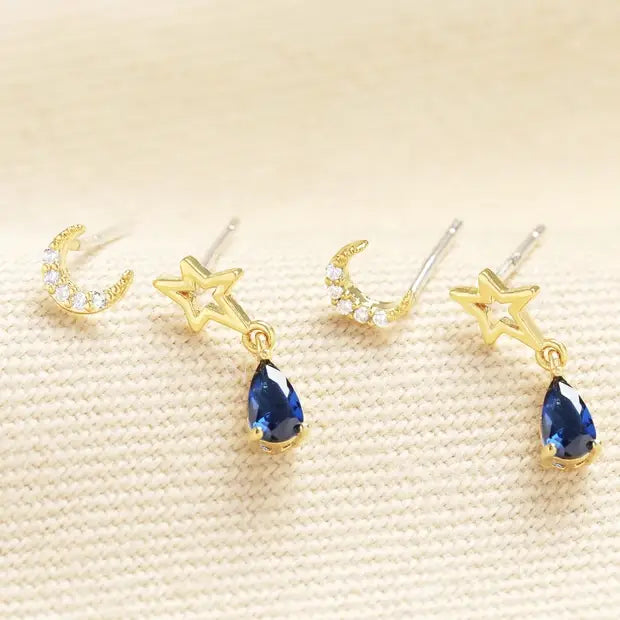 Set of 2 Crystal Moon Stud and Blue Drop Earrings in Gold