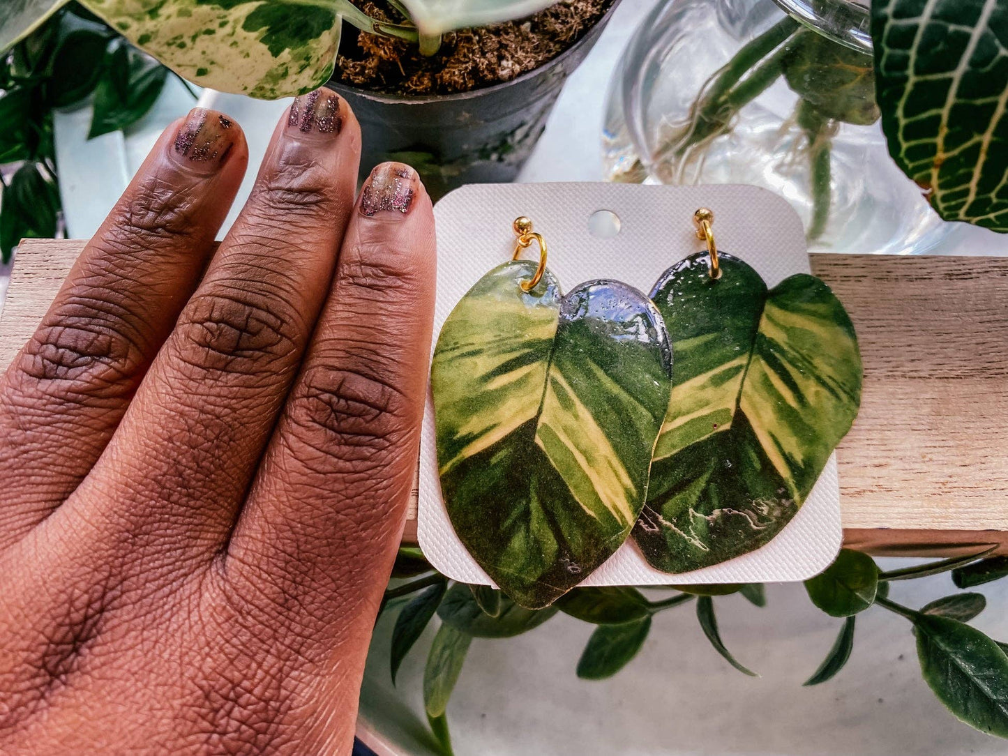 Golden Pothos Plant Leaf Earrings