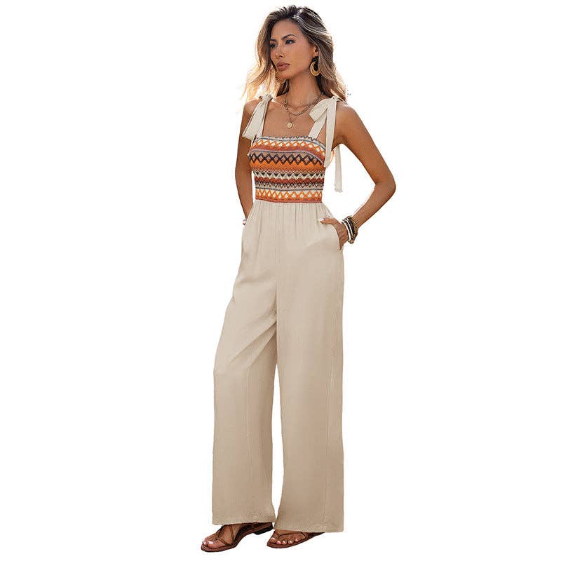 Boho Embroidered Smocked Jumpsuit Wide Leg