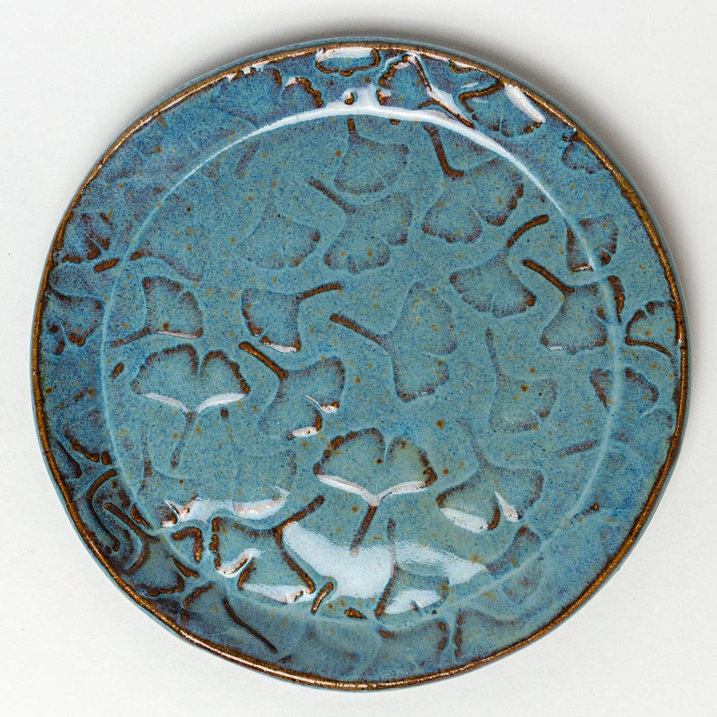 Ginkgo Patterned Blue Ceramic Dish 5 1/2"