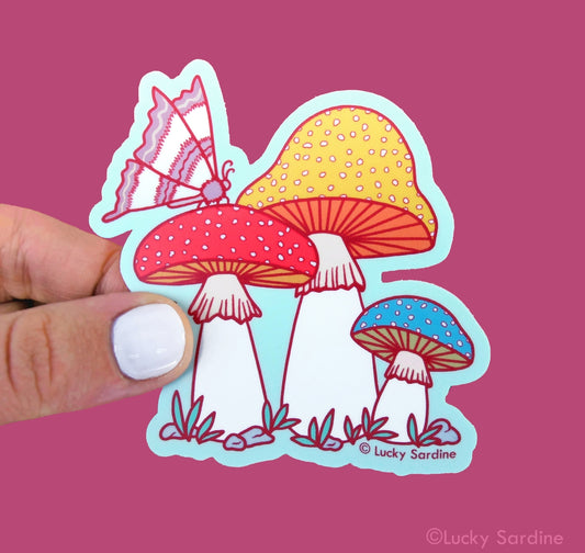 Moth on Toadstool Mushrooms Vinyl Sticker