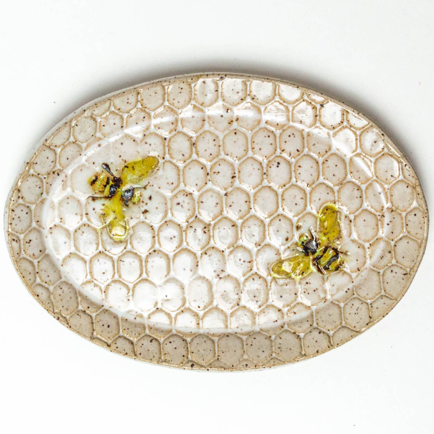 Bee Pattern Handmade Ceramic White Oval Trinket Dish