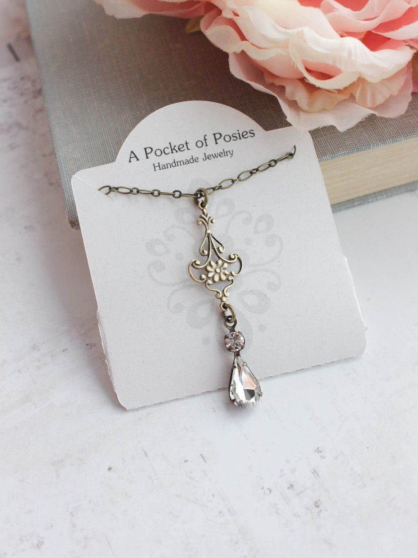 Fleur Filigree Pendant with Vintage Glass Crystal Teardrop Necklace