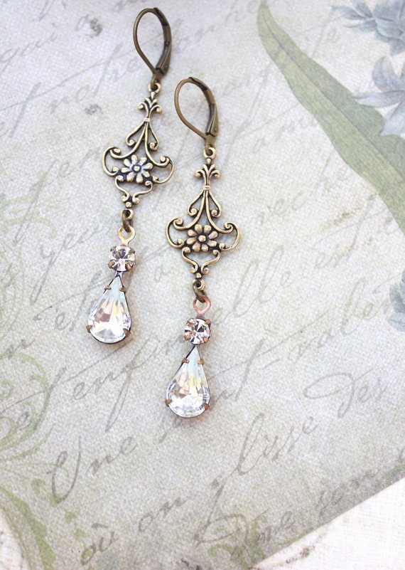 Long Filigree Vintage Style Crystal Glass Earrings