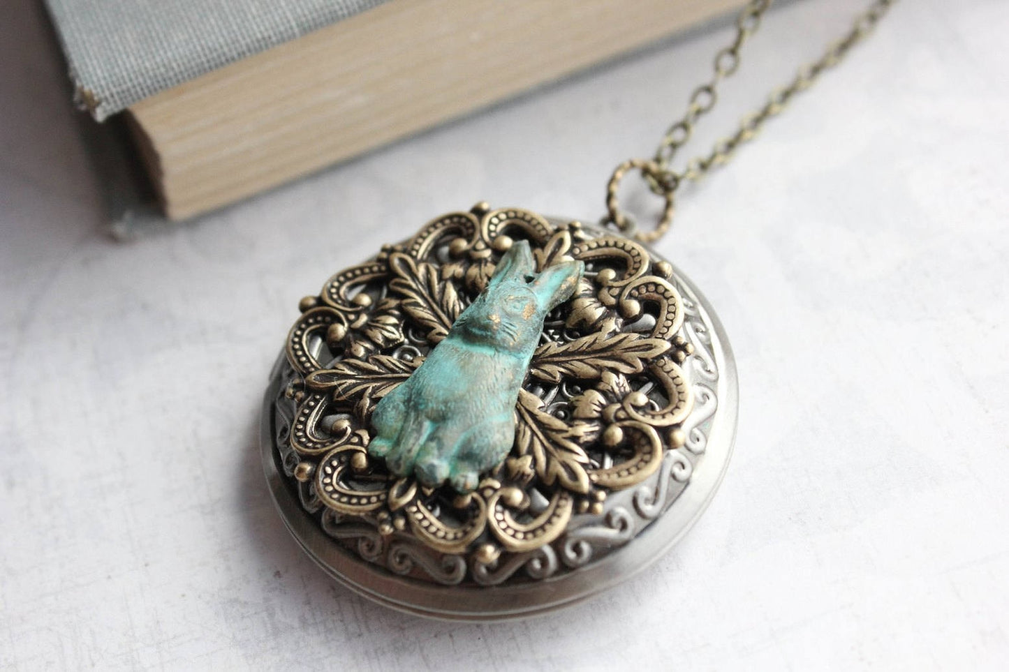 Rustic Verdigris Rabbit Locket - Vintage Style