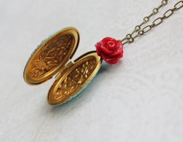 Aqua Patina Locket Necklace - Red Rose Charm