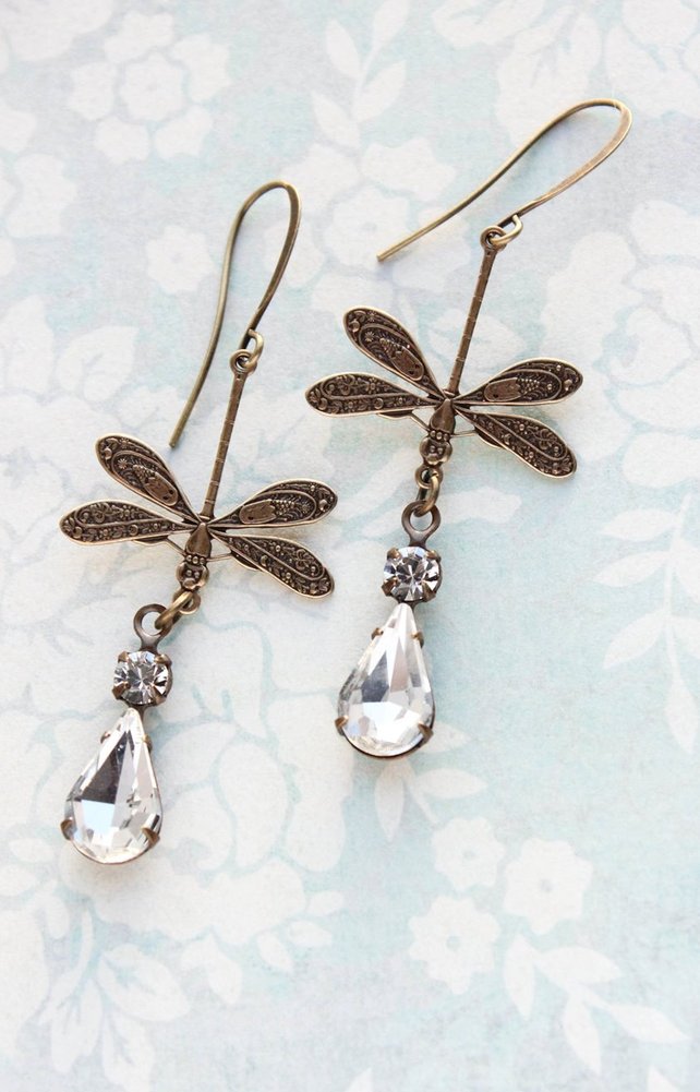 Dragonfly Crystal Sparkling Vintage Glass Earrings