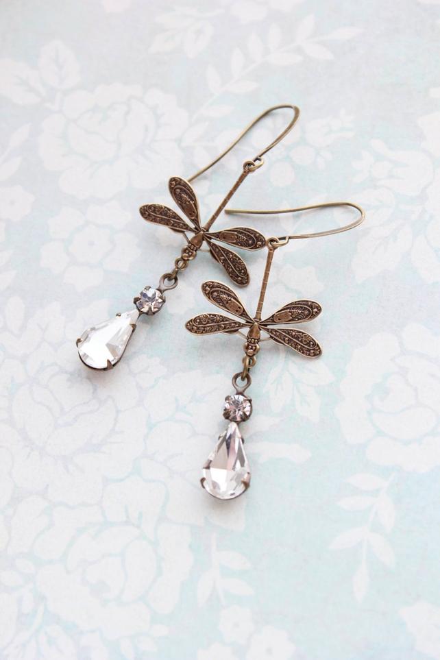 Dragonfly Crystal Sparkling Vintage Glass Earrings