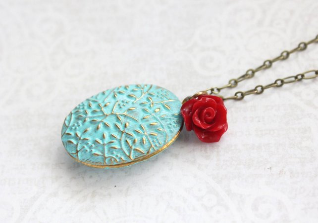 Aqua Patina Locket Necklace - Red Rose Charm