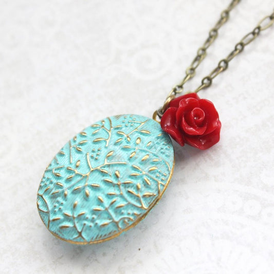 Aqua Patina Locket Necklace - Red Rose Charm