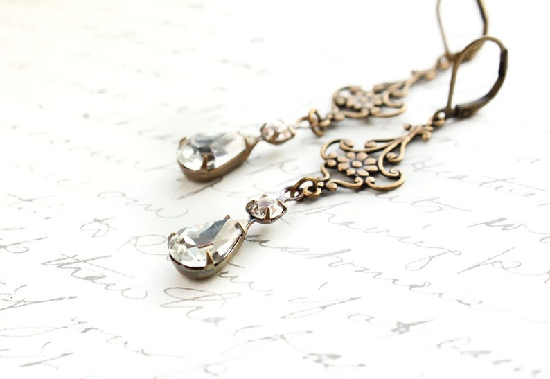 Long Filigree Vintage Style Crystal Glass Earrings