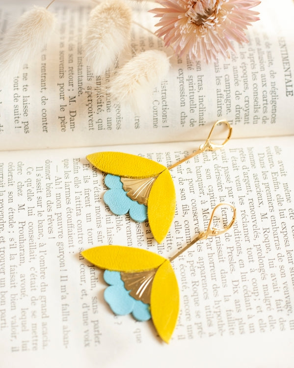 Ginkgo Flower Earrings – Yellow and Blue Leather