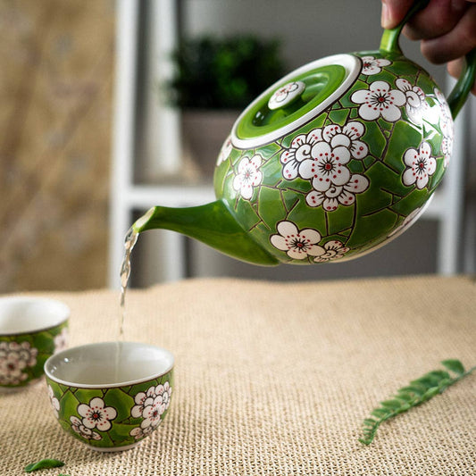 Ume Plum Blossoms Green Tea Set 26oz Tea Pot with 2 Cups