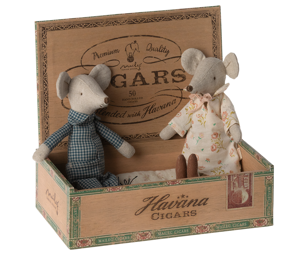 Grandma & Grandpa Mice in Cigar Box