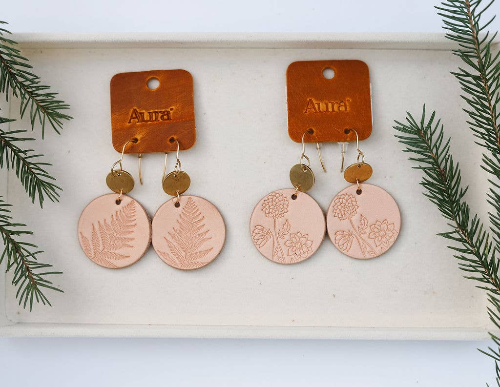 Leather & Brass Stamped Nature Earrings