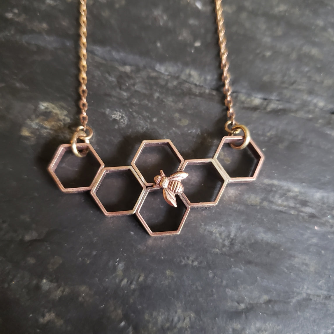 Copper Honeycomb Necklace with Honeybees