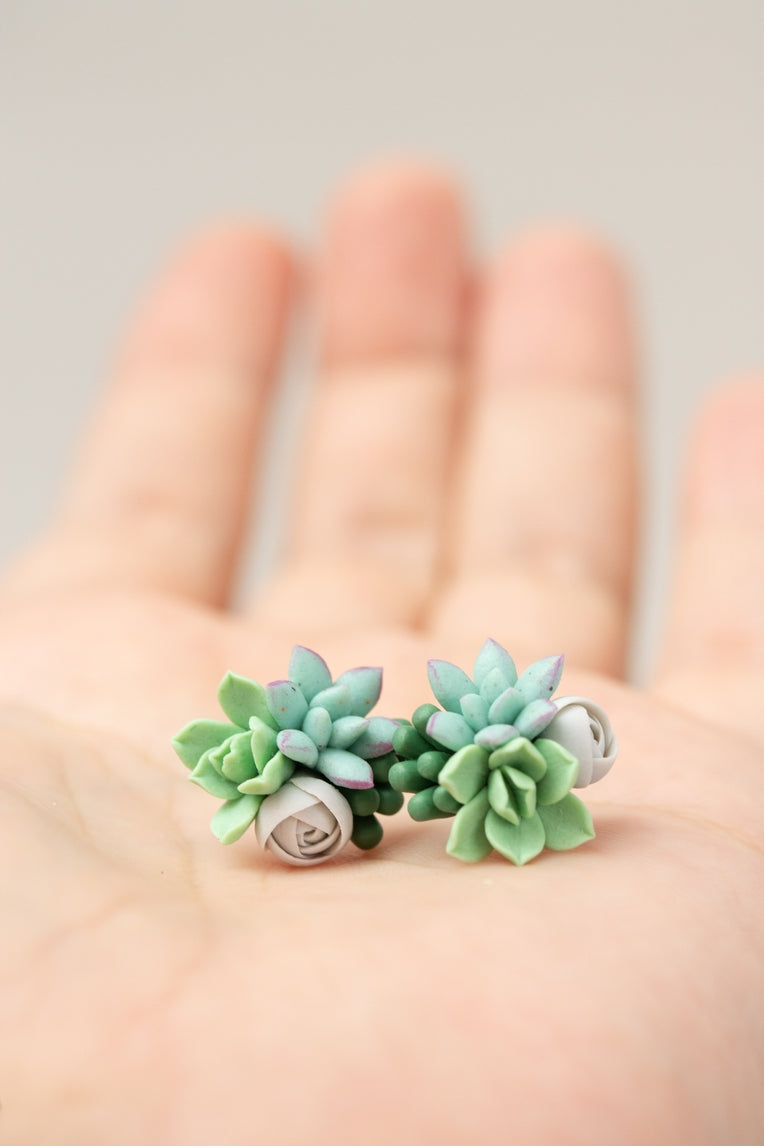 Handmade Succulent and Floral Bouquet Earrings - Blue