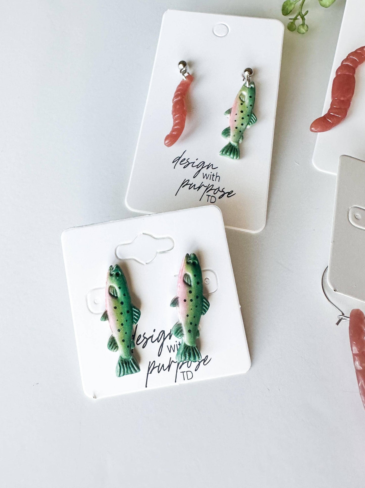 Rainbow Trout and Worm Clay Statement Earrings
