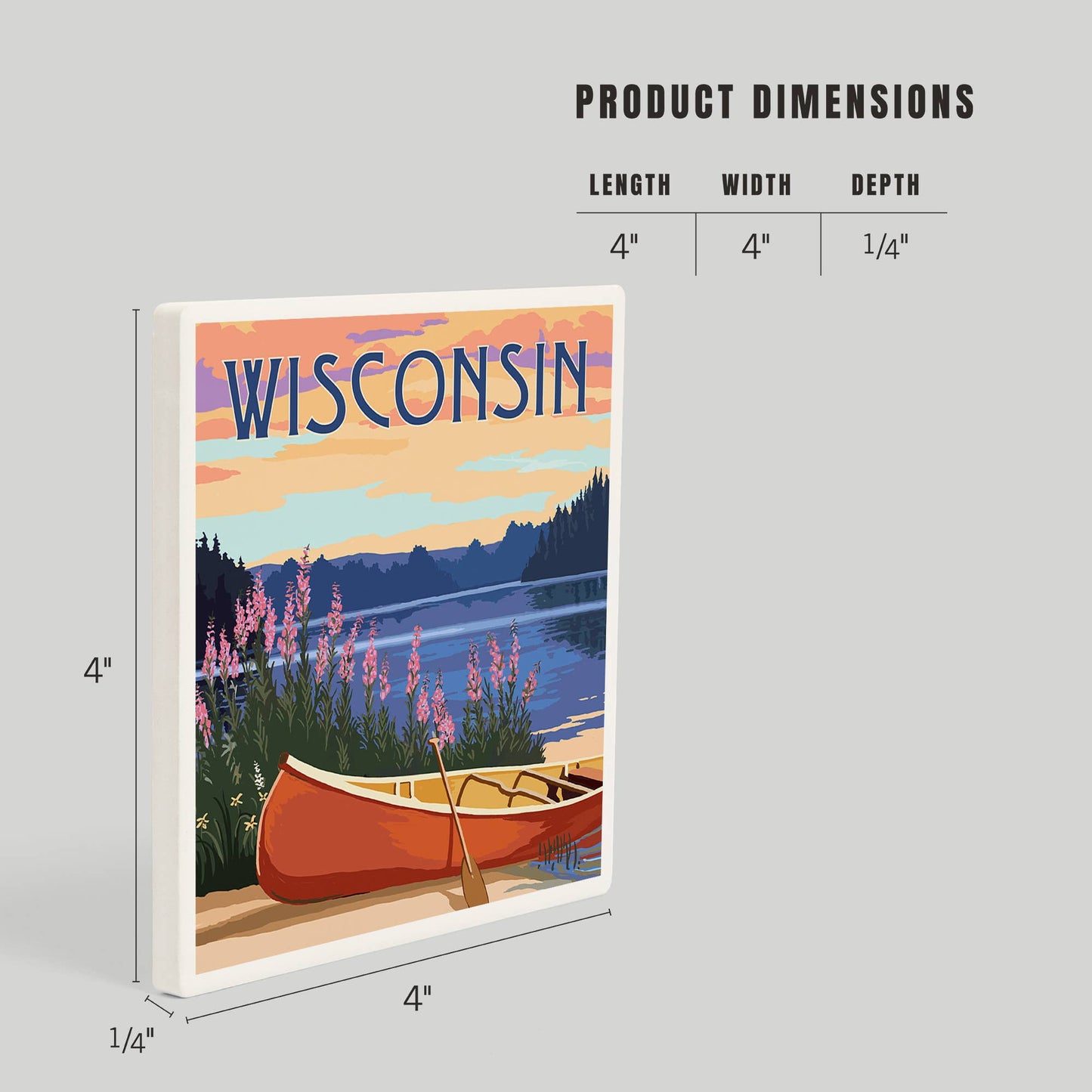 CERAMIC COASTER Wisconsin, Canoe & Lake