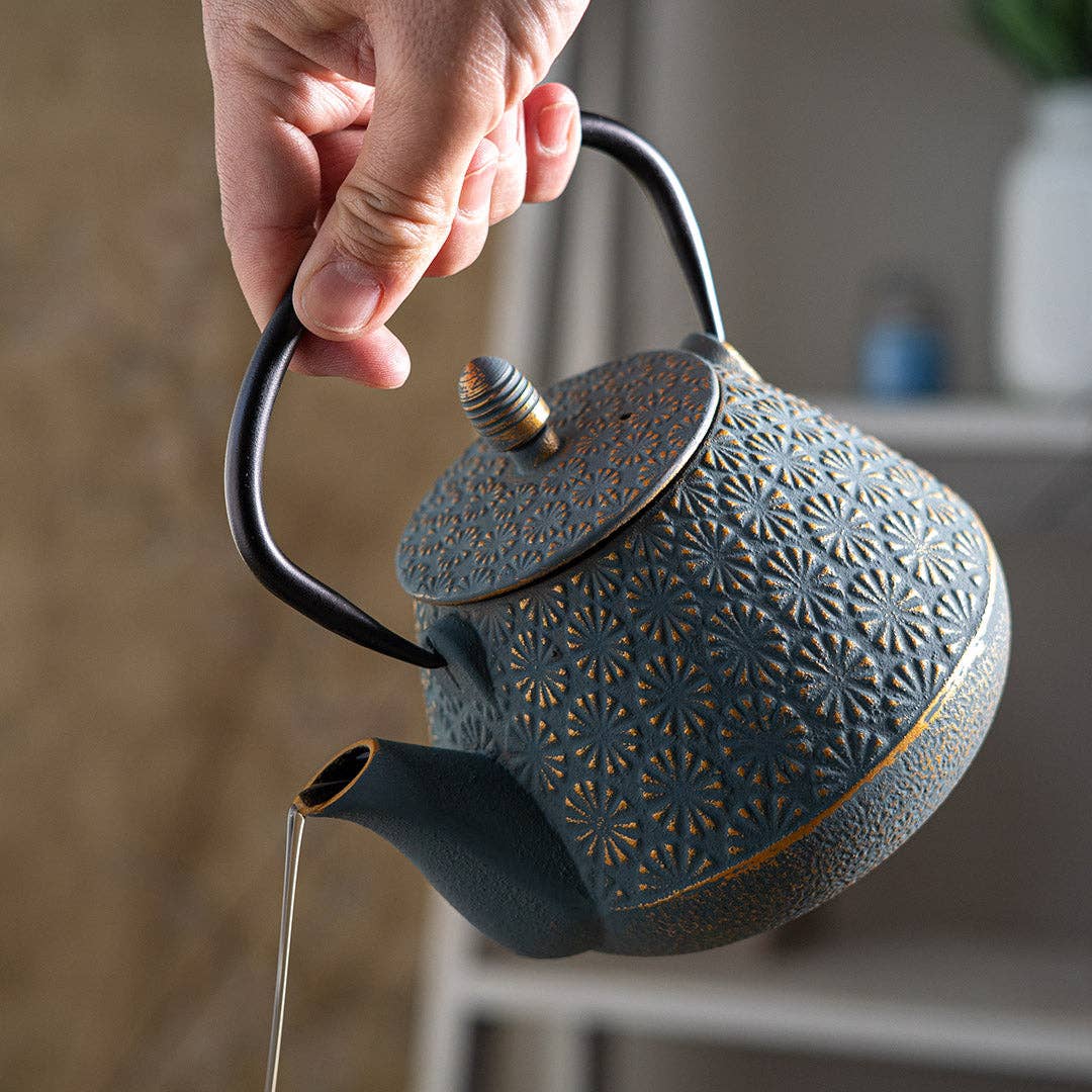 Teal Blue Plum Flower 32oz Cast Iron Tea Pot