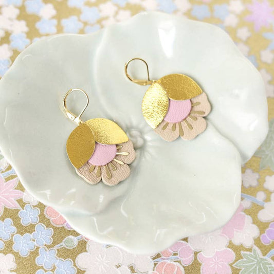 Cherry Flower Earrings – Gold, Pink, Beige Leather