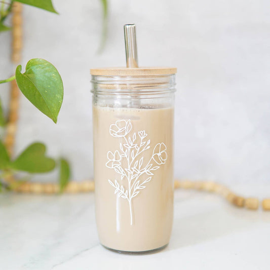 Floral 22oz Glass Tumbler With Acacia Lid & Straw