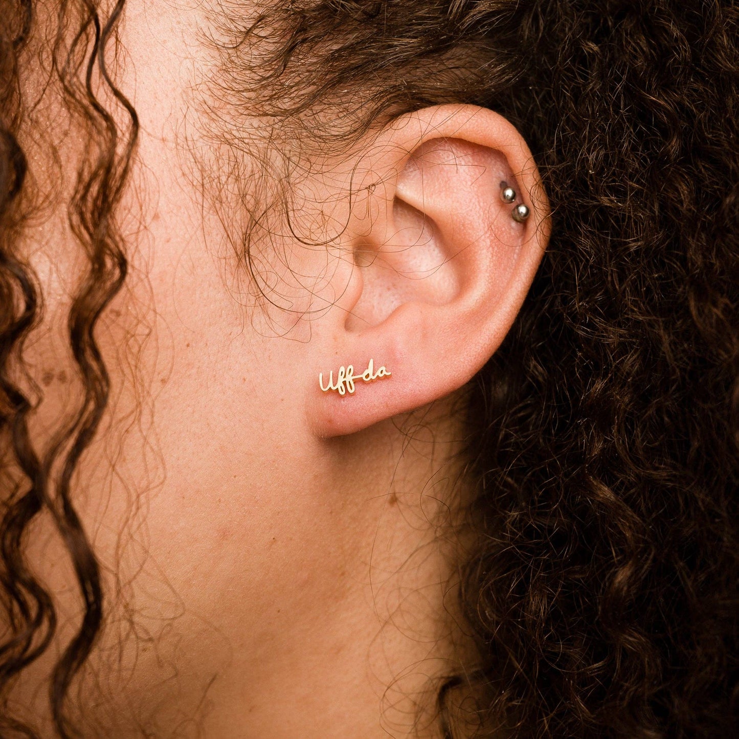 14K Gold Plated Uff da Script Stud Earrings - Single or Pair