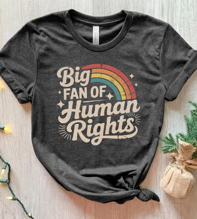 Big Fan of Human Rights Tee, Retro Rainbow Graphic