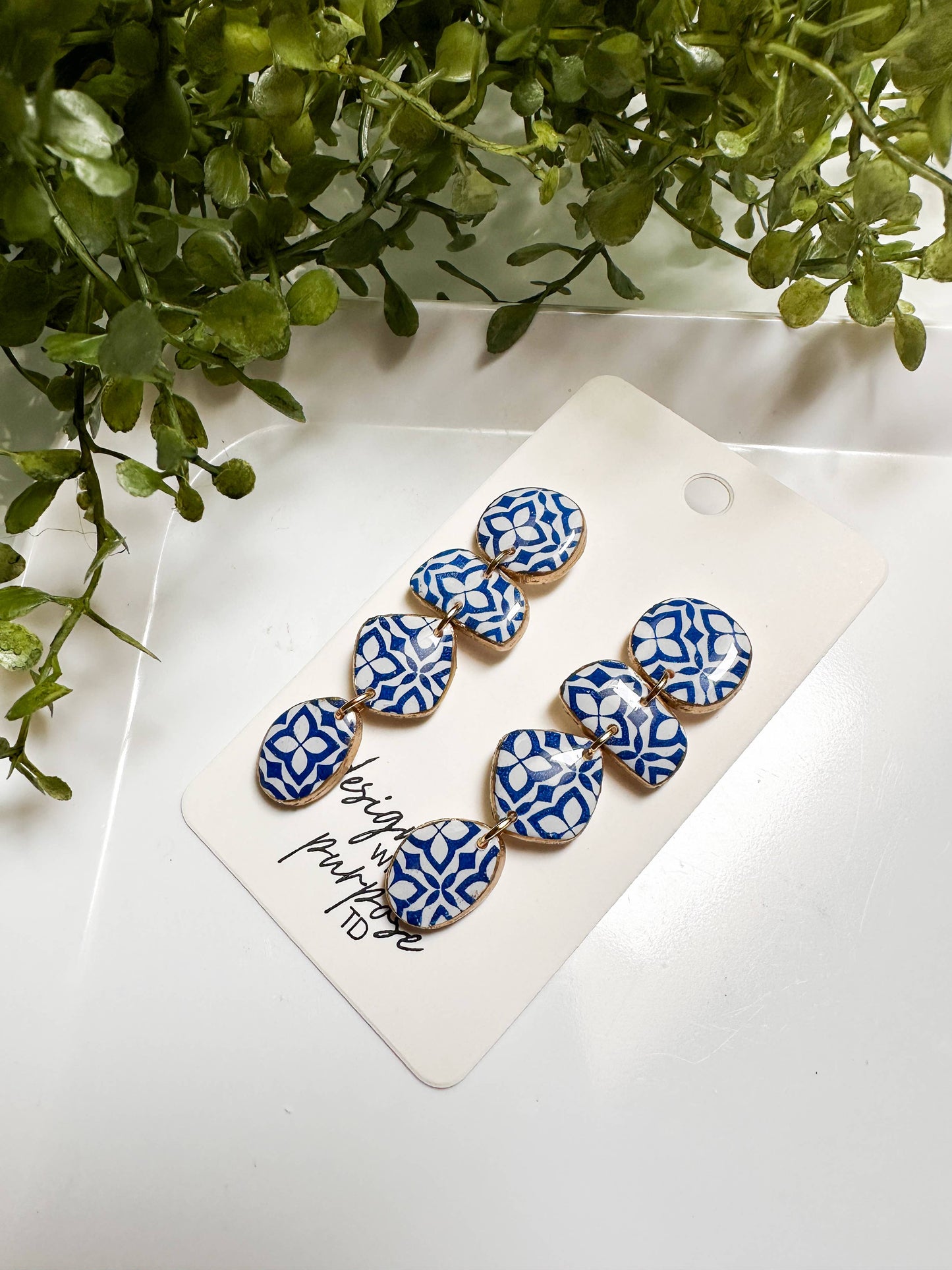 White and Blue Tile Pattern Earrings
