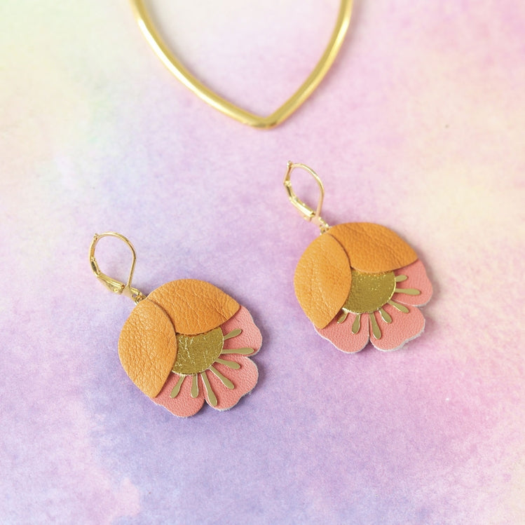 Cherry Flower Earrings – Orange, Gold, Salmon Pink Leather