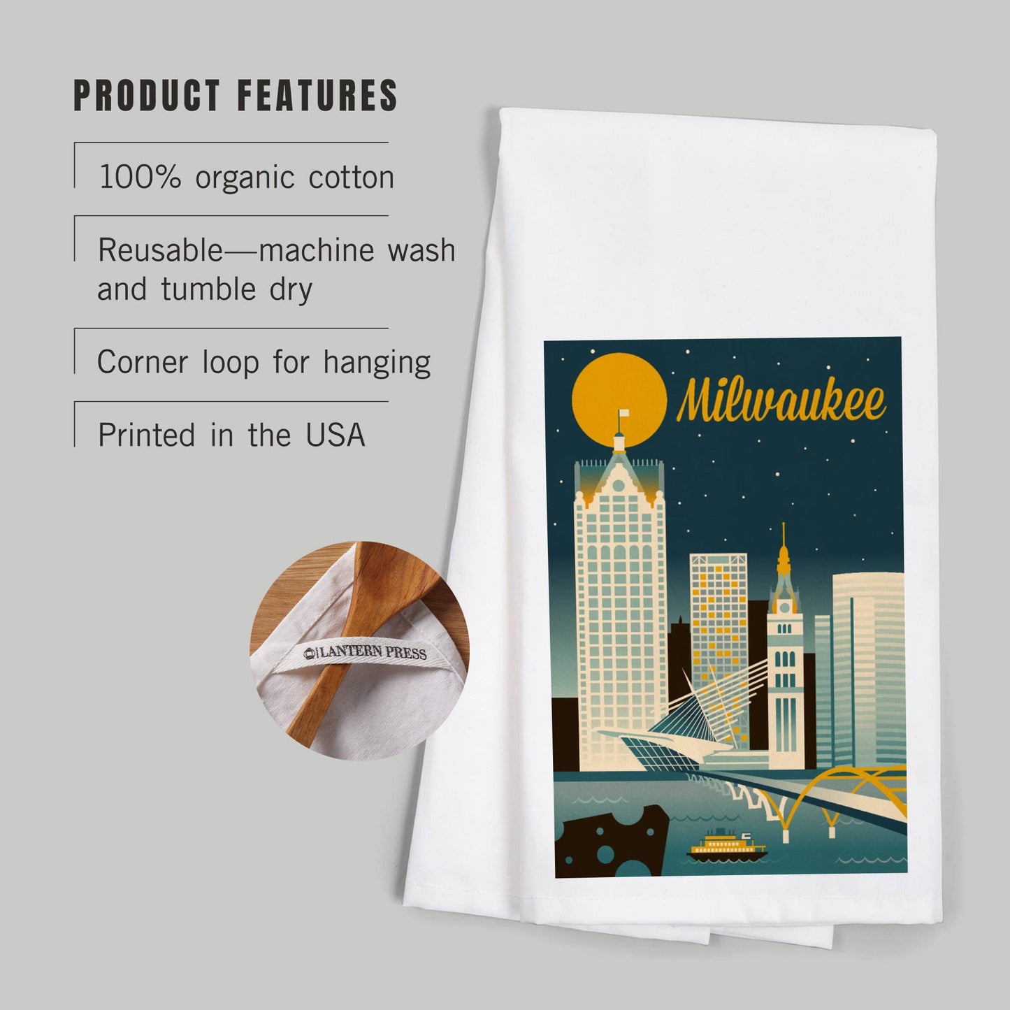 ORGANIC TEA TOWEL Milwaukee, Wisconsin, Retro Skyline