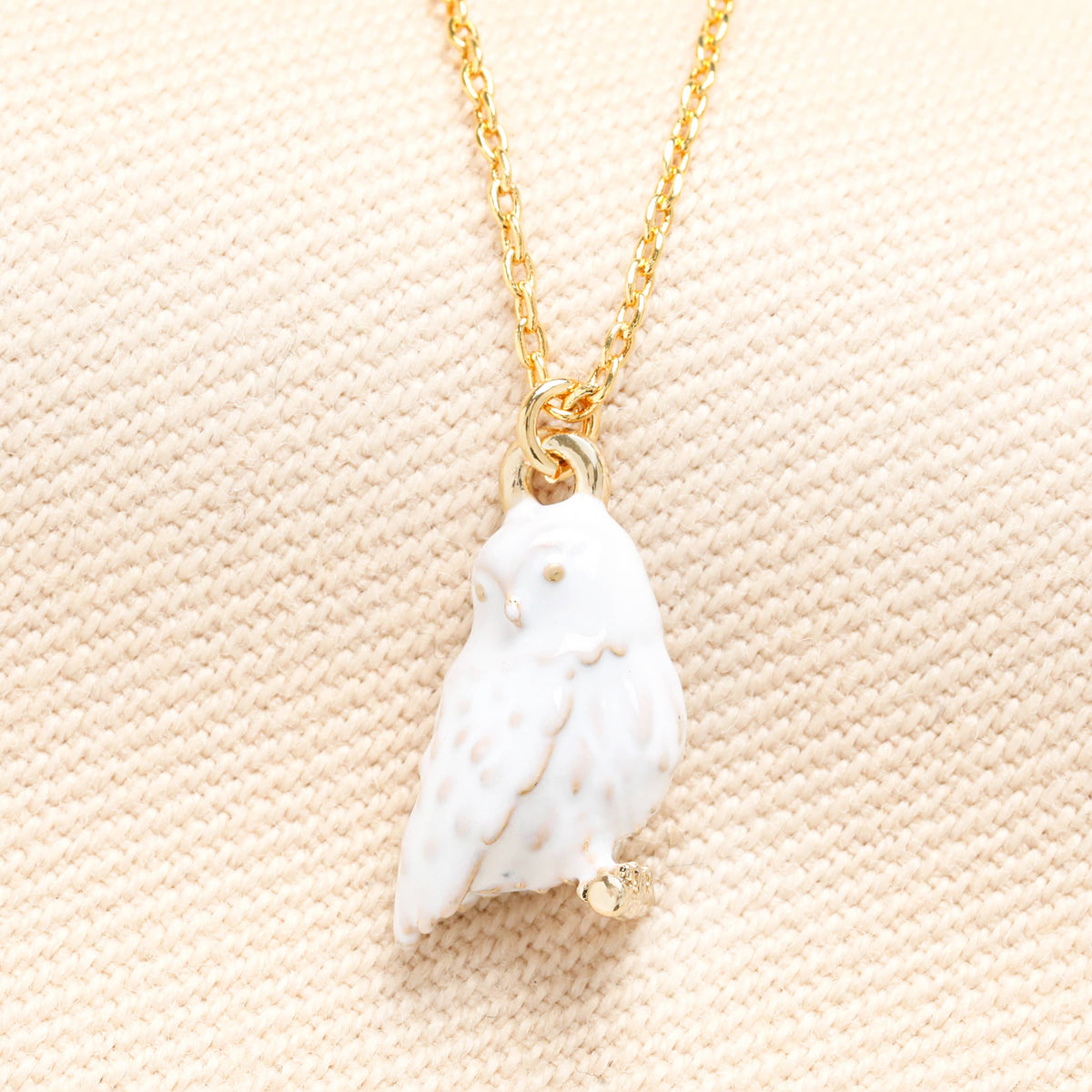 Enamel Owl Pendant Necklace in Gold