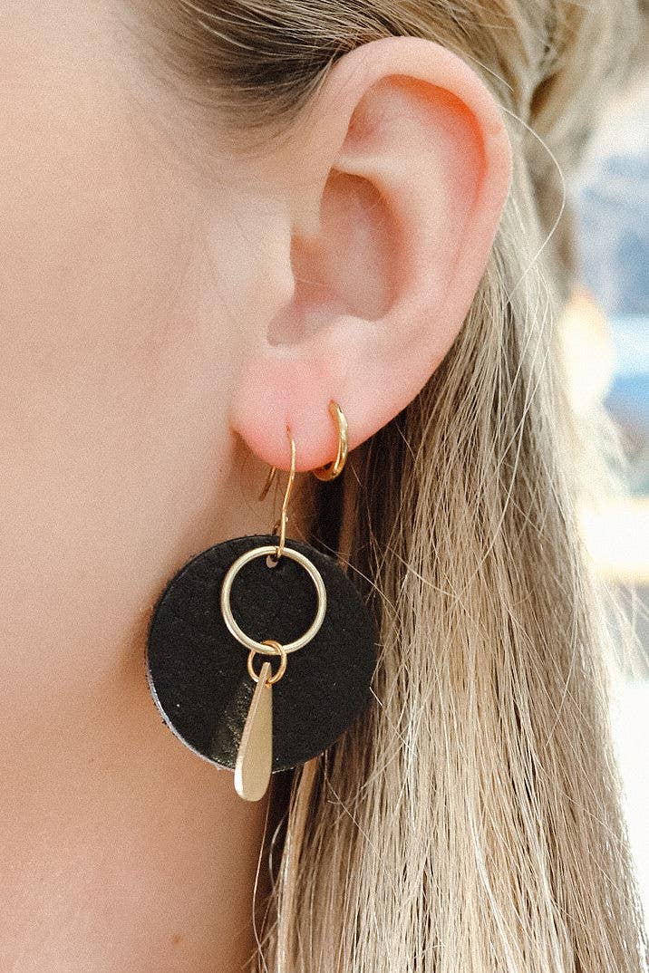 Leather & Brass Circle Drop Earrings