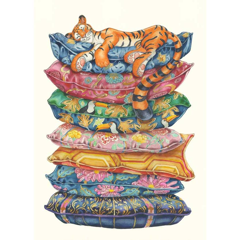 Tiger Asleep On A Pile of Cushions -Greetings Card