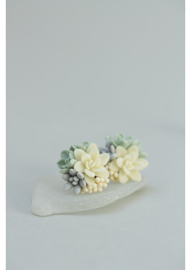 Succulent Stud Earrings - Ivory Green Gray Echeveria Plant Hypoallergenic Earrings