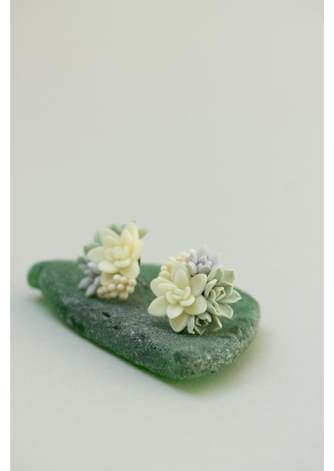 Succulent Stud Earrings - Ivory Green Gray Echeveria Plant Hypoallergenic Earrings