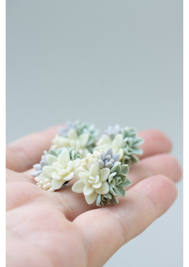 Succulent Stud Earrings - Ivory Green Gray Echeveria Plant Hypoallergenic Earrings