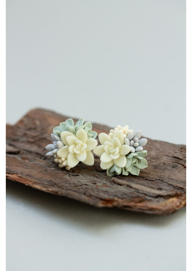 Succulent Stud Earrings - Ivory Green Gray Echeveria Plant Hypoallergenic Earrings