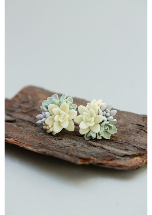 Succulent Stud Earrings - Ivory Green Gray Echeveria Plant Hypoallergenic Earrings