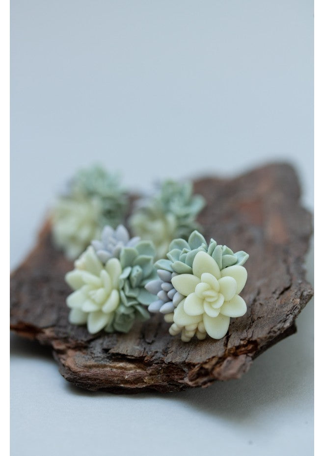 Succulent Stud Earrings - Ivory Green Gray Echeveria Plant Hypoallergenic Earrings