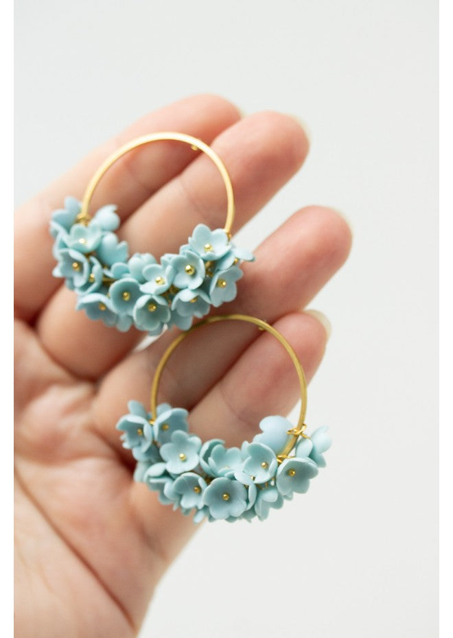 Handmade Light Blue Floral Hoop Earrings