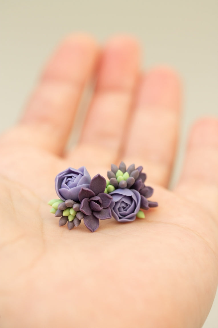 Handmade Succulent and Floral Bouquet Earrings - Purple