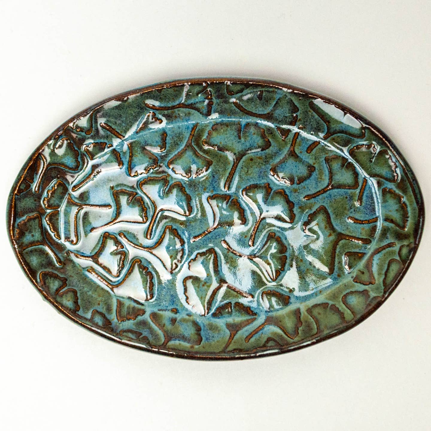 Ginkgo Leaf Pattern Handmade Ceramic Blue Oval Trinket Dish