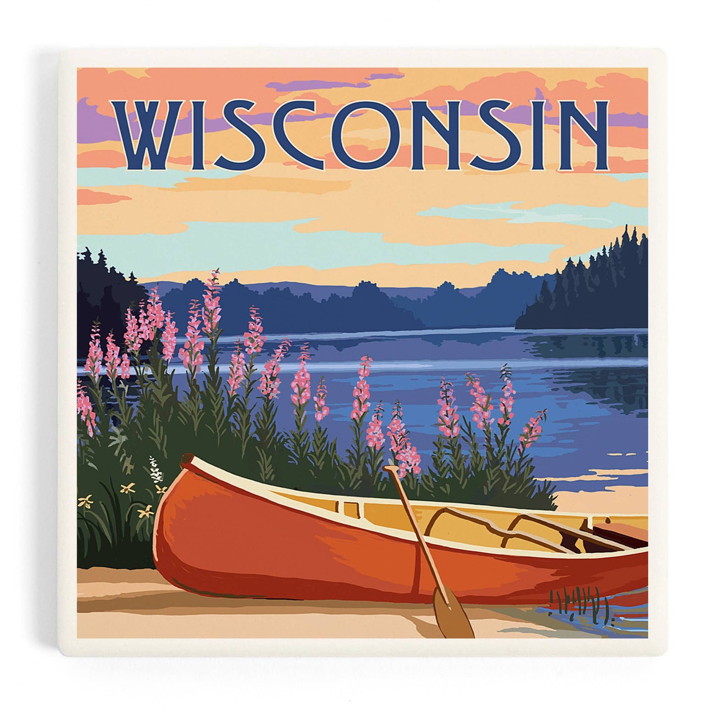 CERAMIC COASTER Wisconsin, Canoe & Lake